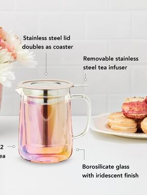 Pinky Iridescent Glass Teapot with Stainless Steel Infuser
